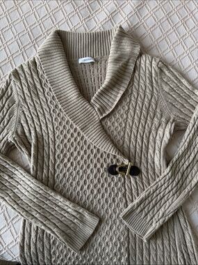 Calvin Klein Taupe Cable-Knit Shawl Collar Cardigan Dress with Gold Buckle